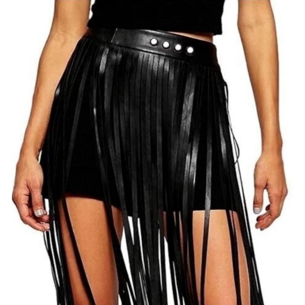 Rave Fringe Skirt Wrap Belt Women's OSFM Black Snap High Low Waist Faux Leather